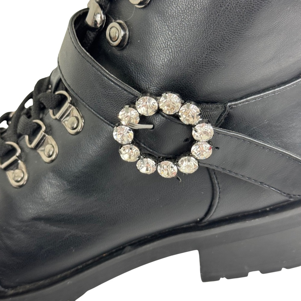 Black Moto Combat Boots Rhinestone Buckle Lug Sole Punk Biker Edgy Glam Size 8 - Picture 9 of 11